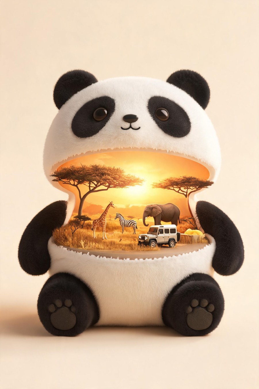 A plush Panpan panda with a golden savanna world inside, in full color
