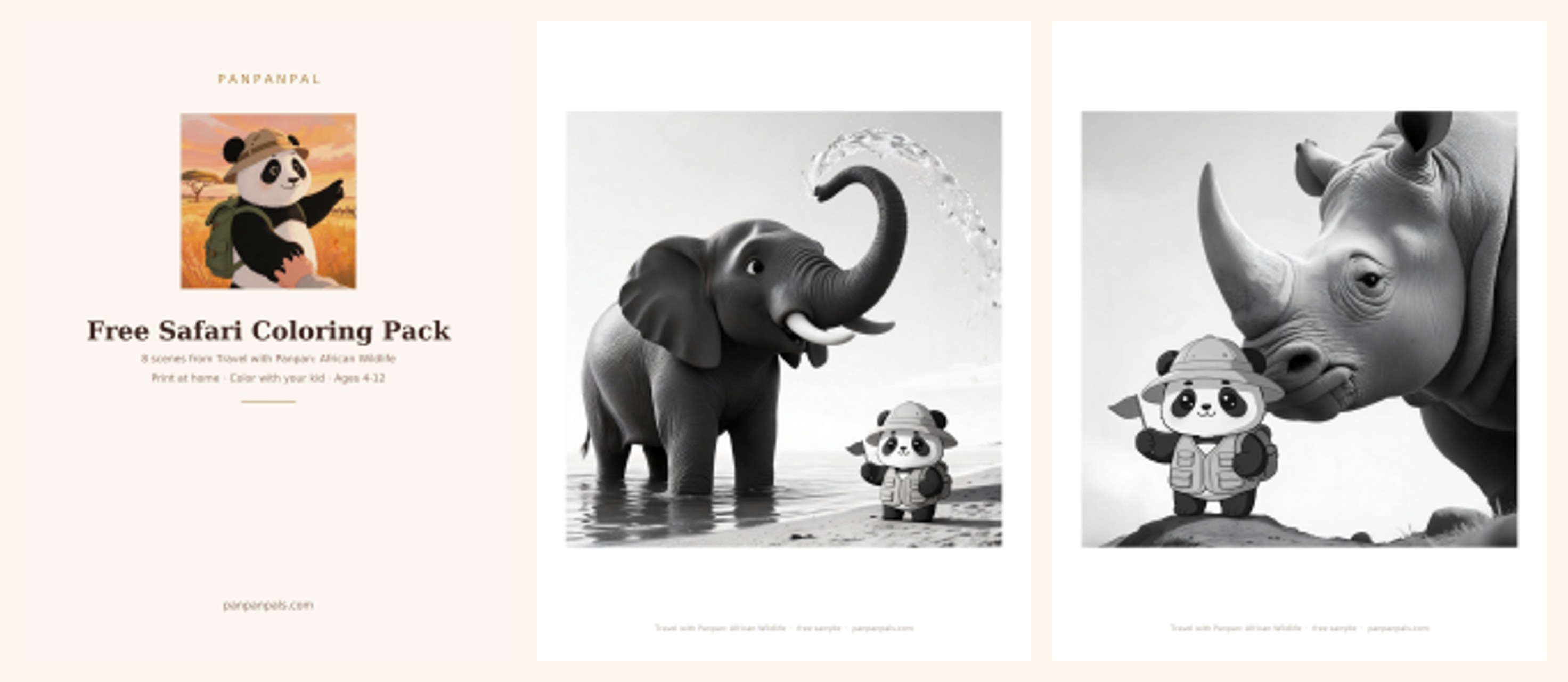 Preview of the free 8-page safari coloring pack — cover, elephant and giraffe pages