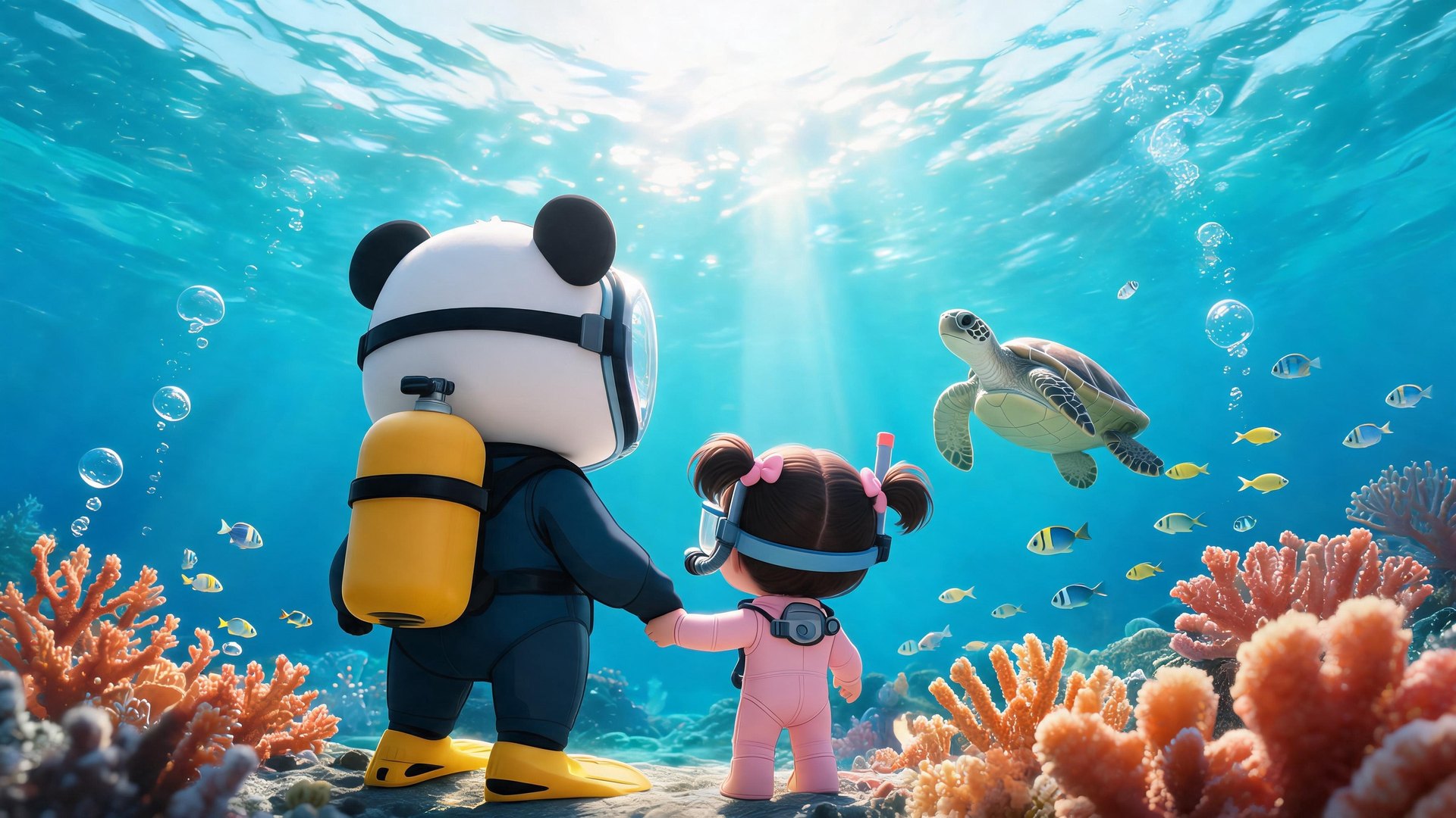 Panpan the panda scuba diving hand in hand with a child over a coral reef