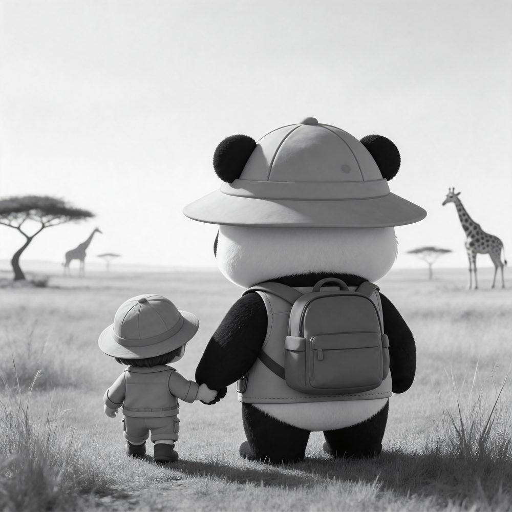 Panpan the panda holding hands with a child, looking at giraffes on the savanna